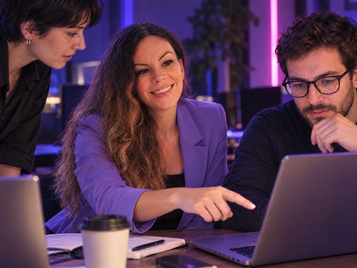 Emma Woelk sitzt mit zwei Teammitgliedern am Laptop